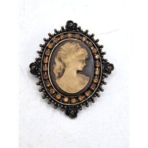 Vintage Victorian-Style Cameo Brooch With Amber Rhinestone Accents & Bronze-Tone